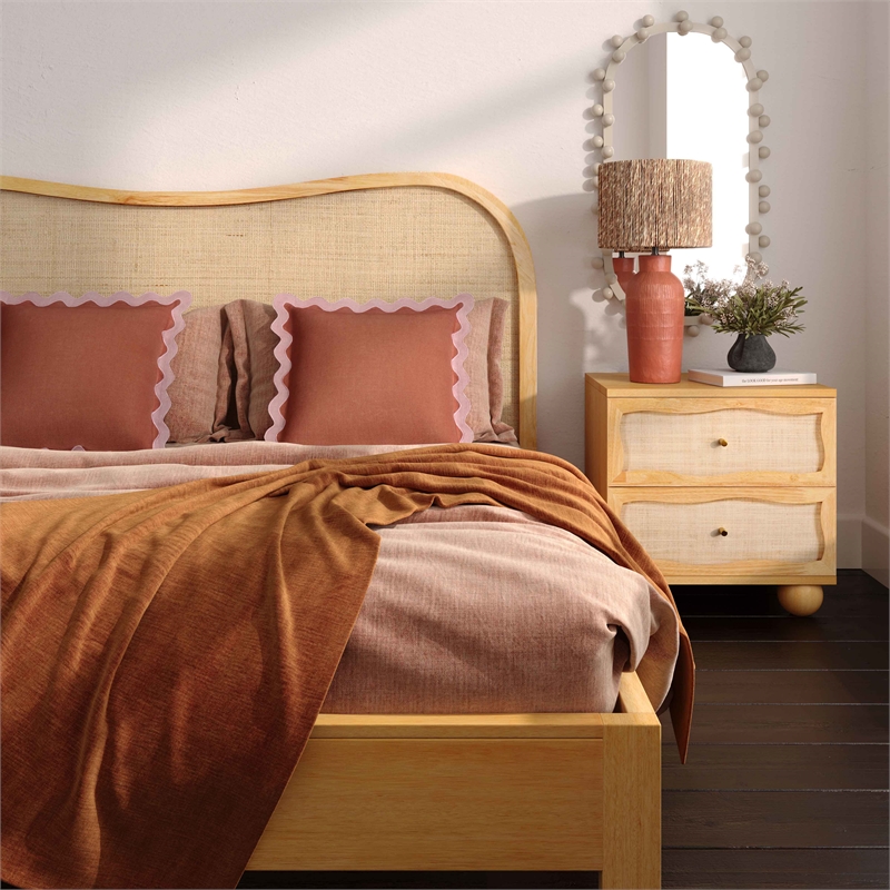Pemberly Row Contemporary Accent Natural Wood & Rattan Queen Bed