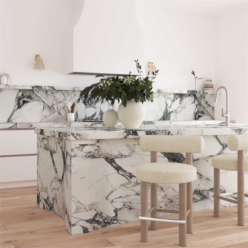 Pemberly Row Transitional Cream Boucle and Solid Wood Counter Stool