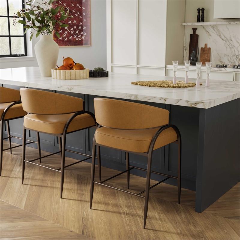 Pemberly Row Contemporary Accent Tan Vegan Leather Counter Stool