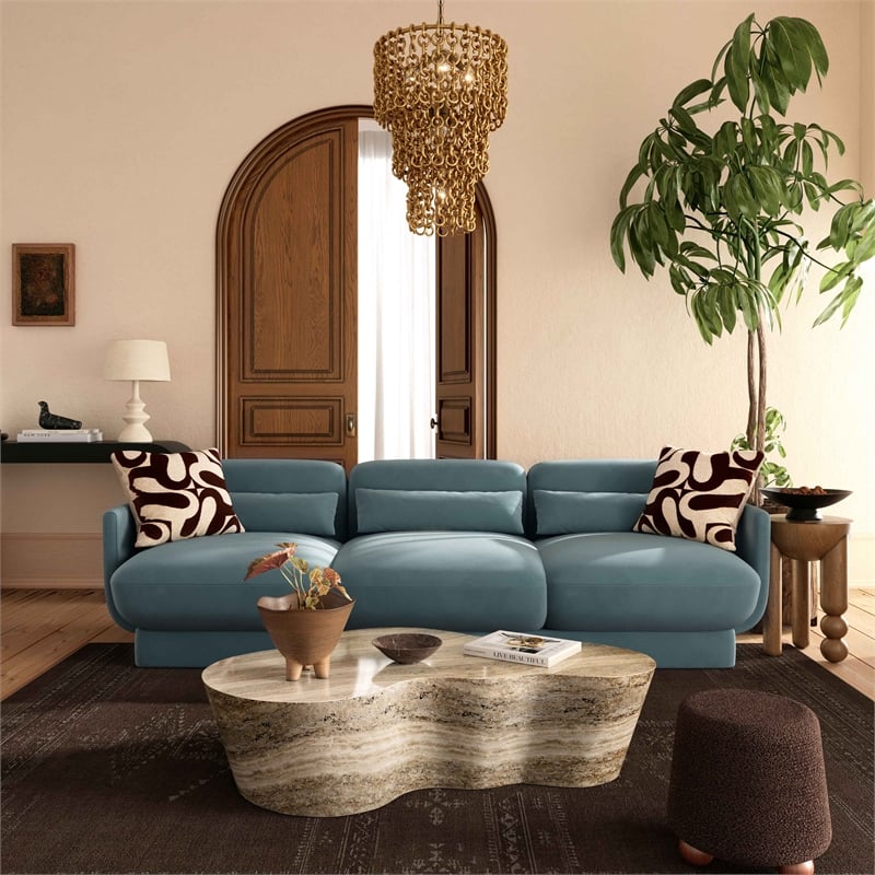 Pemberly Row Contemporary Accent Powder Blue Finish Velvet Sofa
