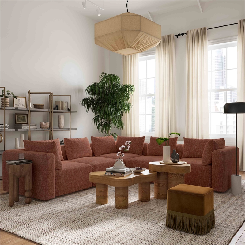 Pemberly Row Red Textured Fabric 5-Piece Modular L-Sectional