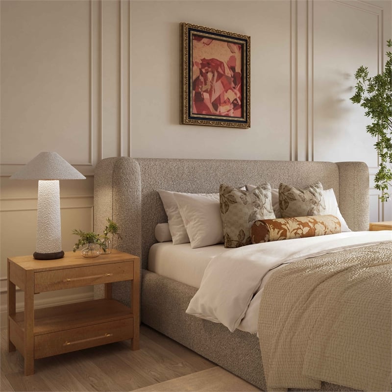 Pemberly Row Contemporary Accent Tan Upholstered Rich Boucle King Bed