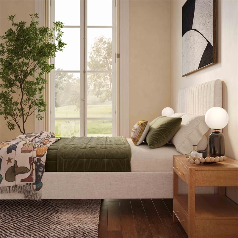 Pemberly Row Contemporary Accent Natural Upcycled Linen Queen Bed