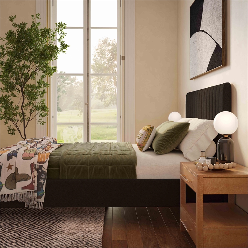 Pemberly Row Contemporary Accent Black Upcycled Linen Queen Bed
