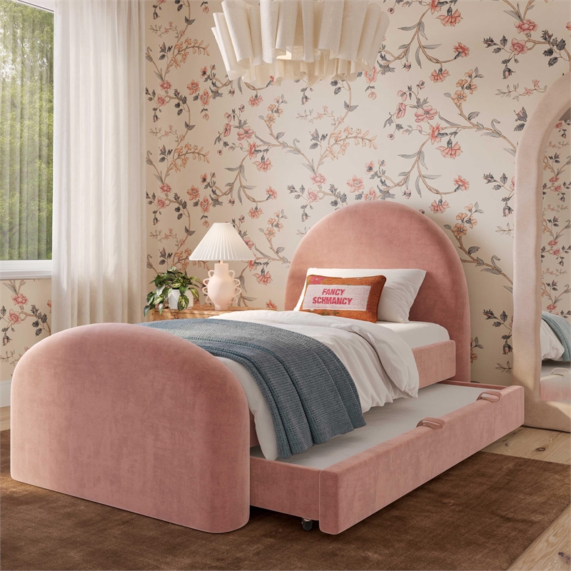 Pemberly Row Contemporary Moon Rose Upcycled Chenille Twin Trundle Bed