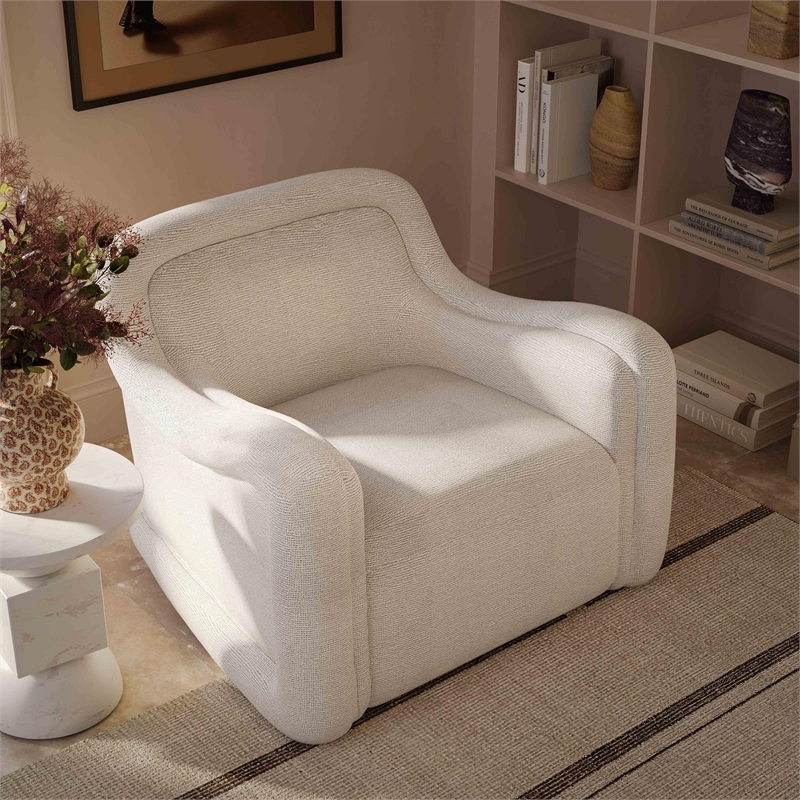 Pemberly Row Contemporary Cream Basketweave Chenille Swivel Chair