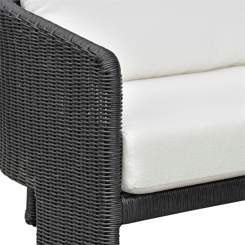 Pemberly Row Contemporary Black Rattan Performance Fabric Outdoor Sofa
