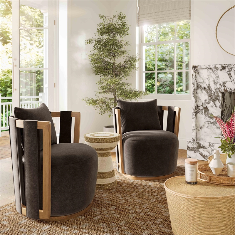 Pemberly Row Contemporary Chocolate Brown Upcycled Fabric Swivel Chair