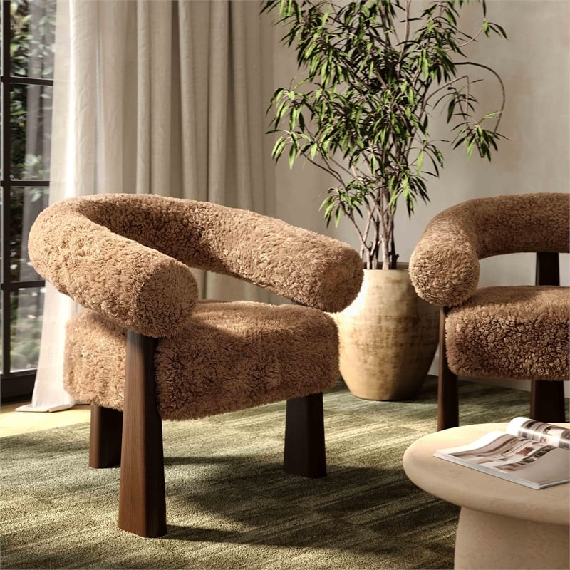 Pemberly Row Contemporary Taupe Straight Vegan Shearling Accent Chair