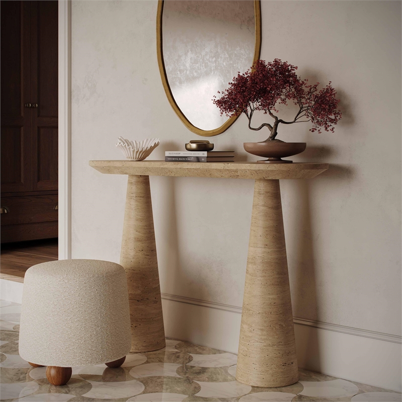 Pemberly Row Contemporary Faux Travertine Indoor/Outdoor Console Table