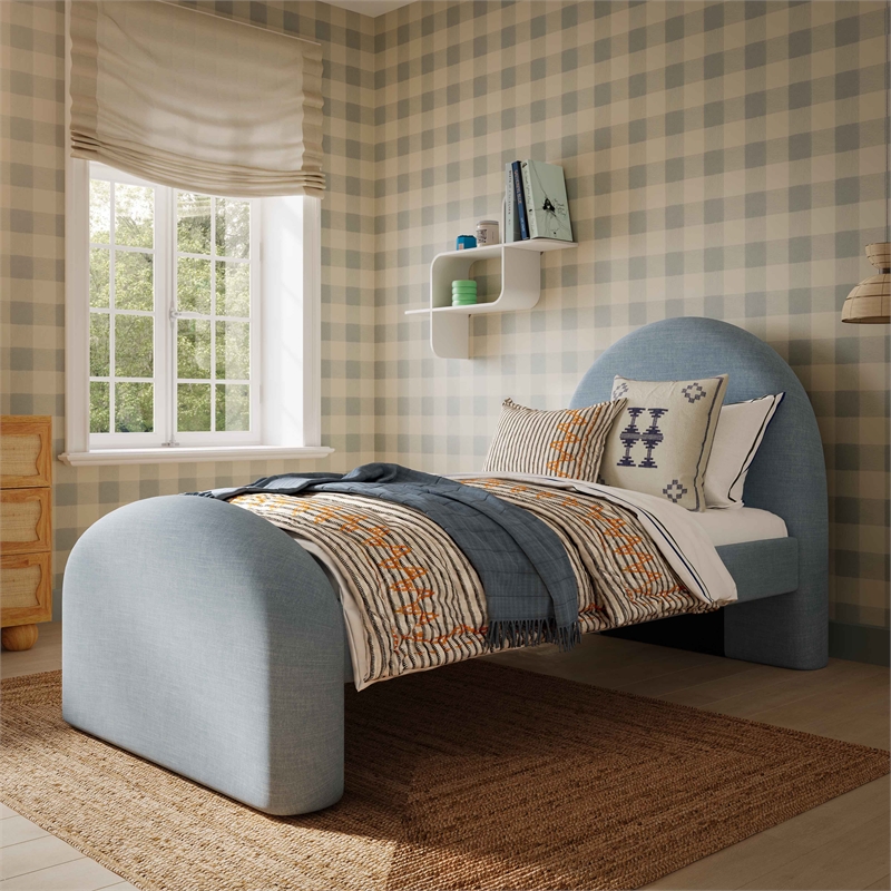 Pemberly Row Contemporary Moon Blue Chenille Twin Trundle Bed