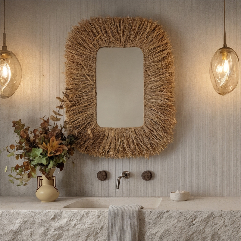 Pemberly Row Contemporary Natural Sisal Rectangular Wall Mirror