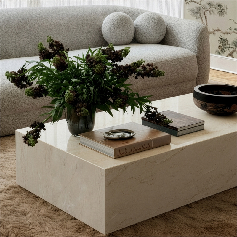 Pemberly Row Contemporary Accent Cream Travertine Coffee Table