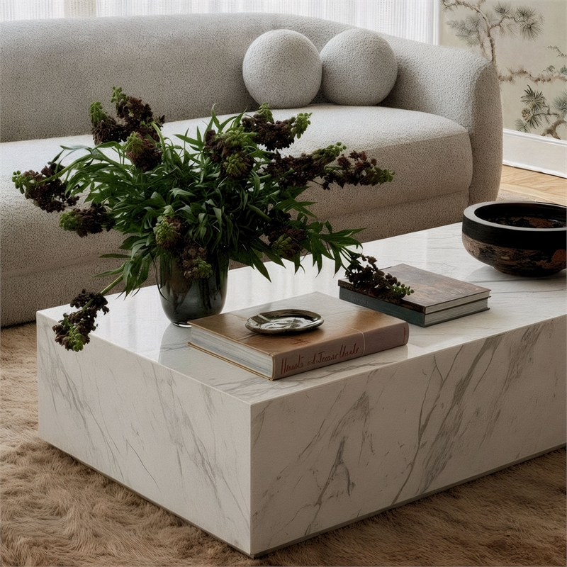 Pemberly Row Contemporary Accent White Finish Marble Coffee Table