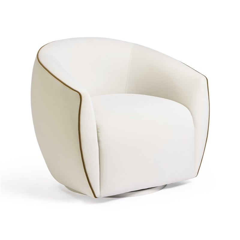 Pemberly Row Contemporary Cream Contrast Piping Velvet Swivel Chair
