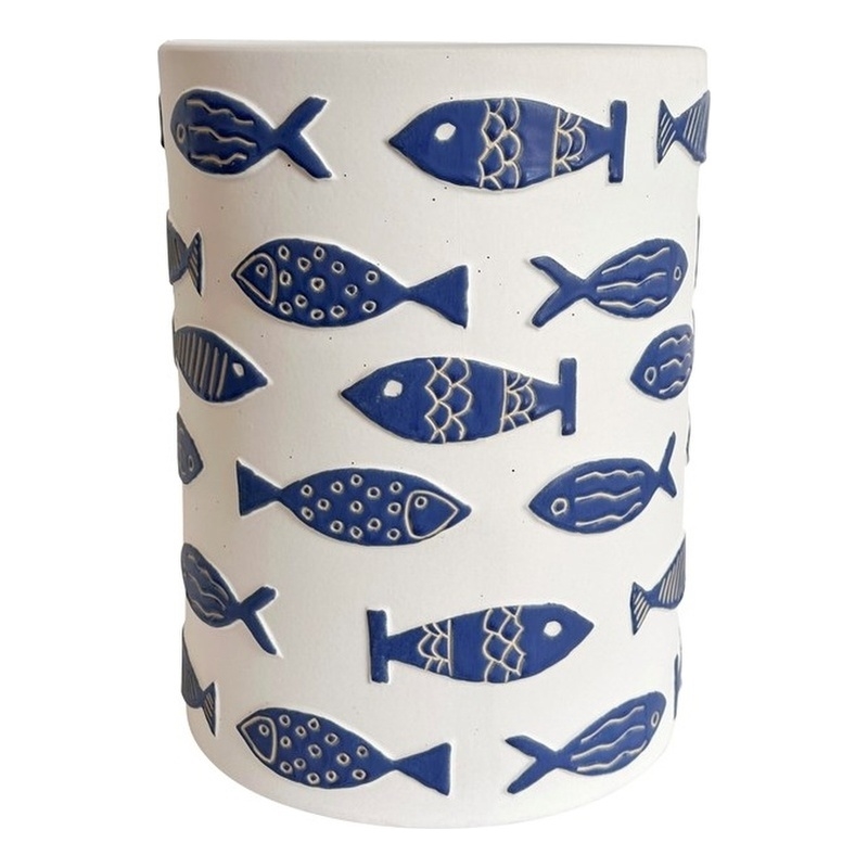 Pemberly Row Contemporary Accent Handmade Ceramic Table in Blue Fish