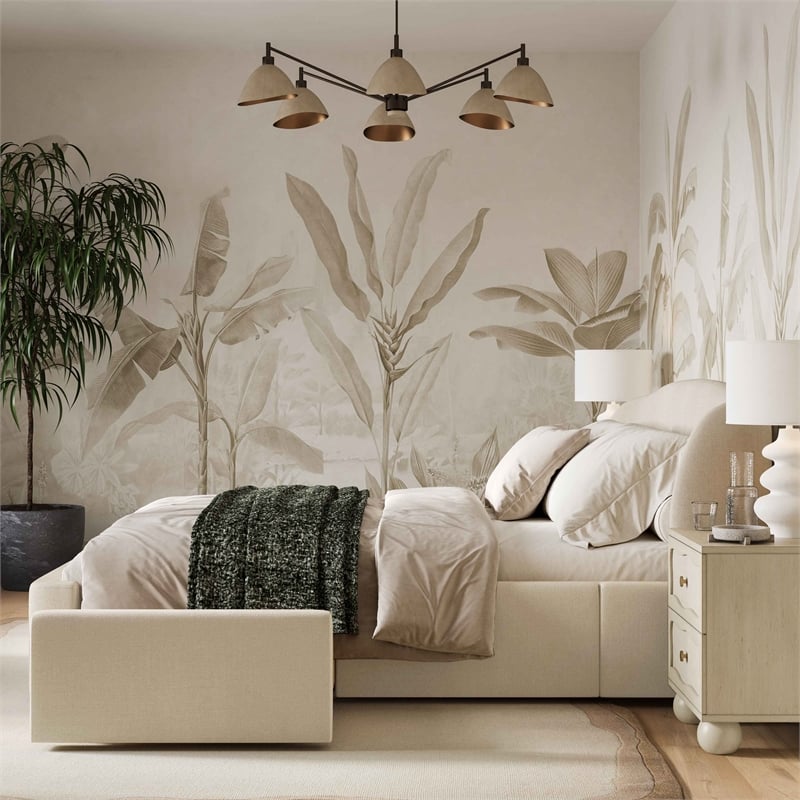 Pemberly Row Contemporary Cream Upcycled Linen King Storage Bed