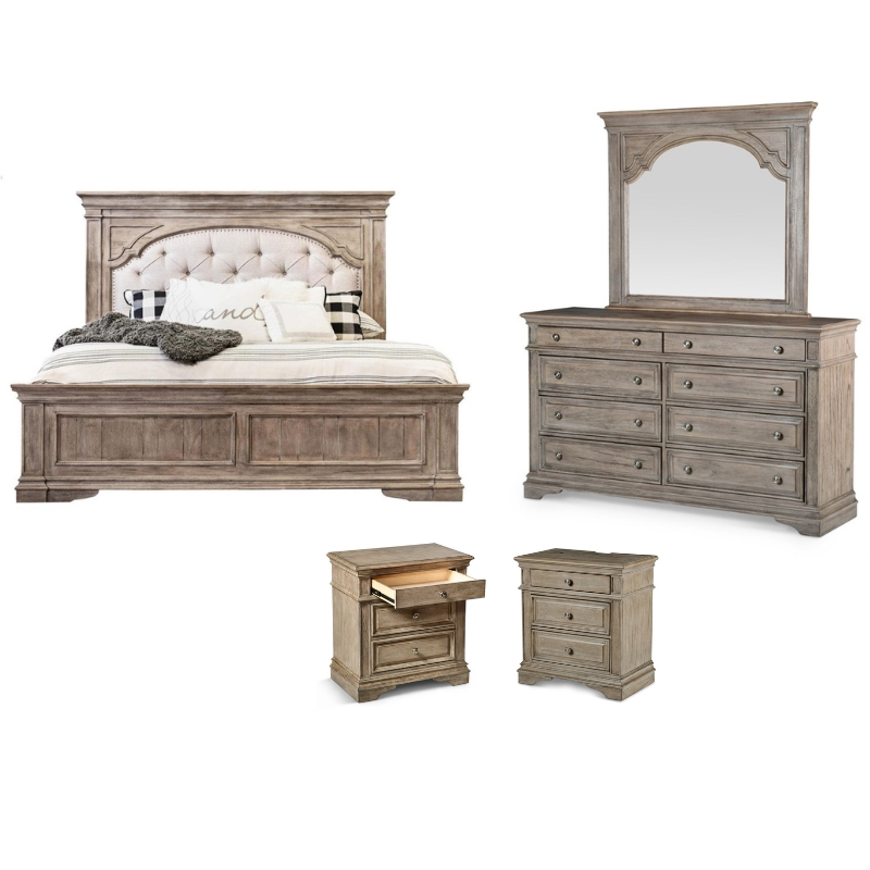 Pemberly Row Set of 4 Solid Wood Driftwood Gray Queen Size Bedroom set