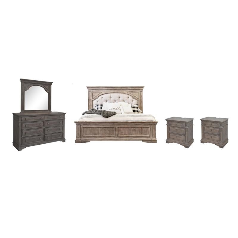 Pemberly Row Set of 4 Solid Wood Driftwood Gray King Size Bedroom set