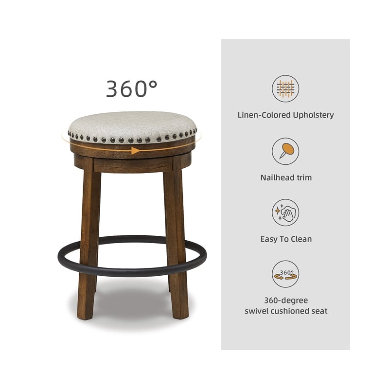 Pemberly Row Farmhouse Polyester Beige & Brown Upholstered Swivel Stool