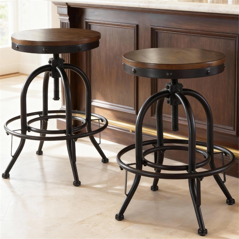 Pemberly Row Farmhouse Wood Brown & Black Swivel Barstool - Set of 2