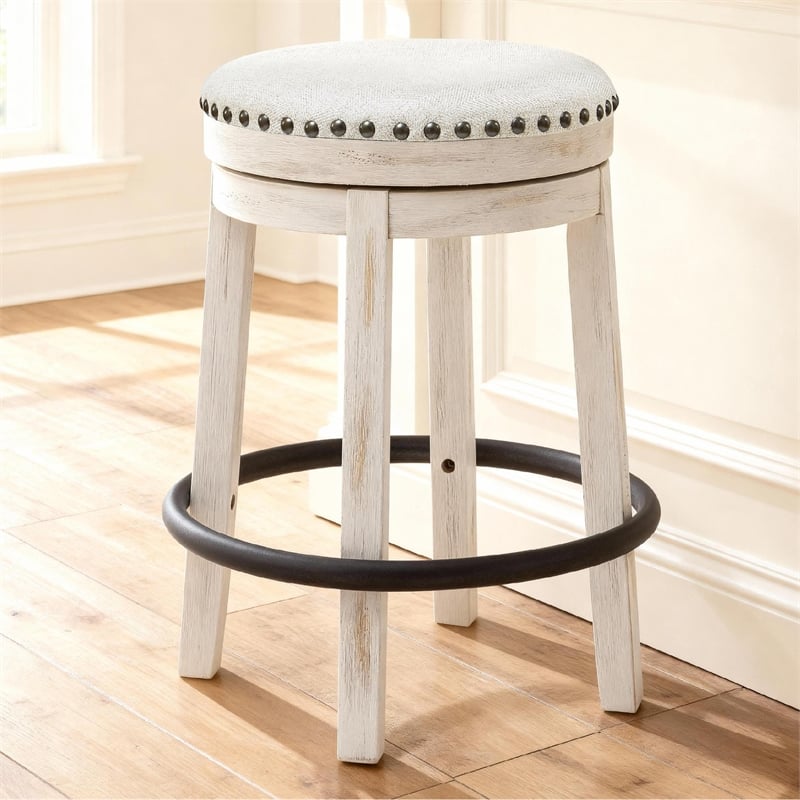 Pemberly Row Farmhouse Polyester Beige & White Upholstered Swivel Stool