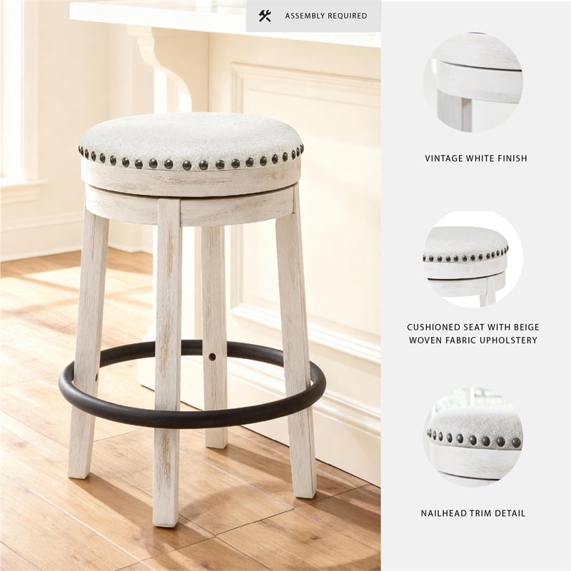 Pemberly Row Farmhouse Polyester Beige & White Upholstered Swivel Stool