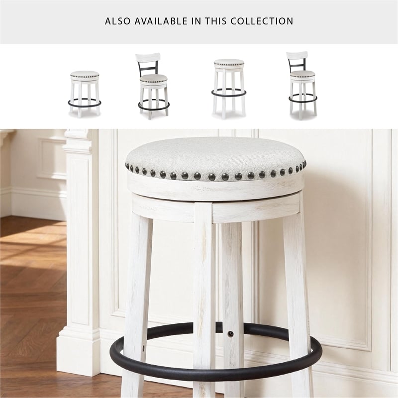 Pemberly Row Farmhouse Polyester Beige & White Upholstered Swivel Stool
