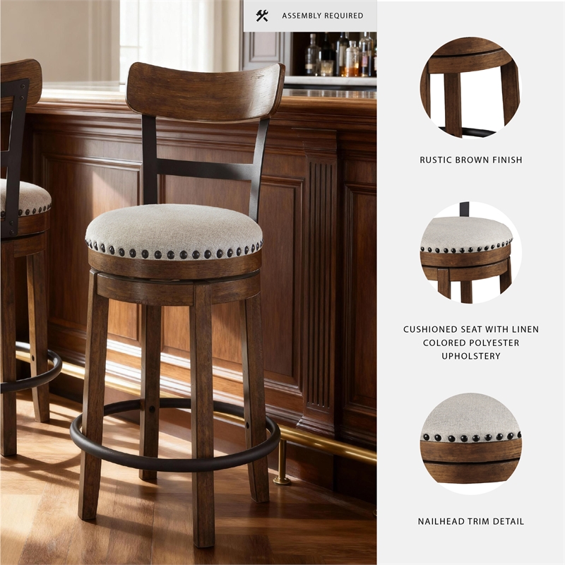 Pemberly Row Farmhouse Polyester Beige & Brown Upholstered Swivel Barstool
