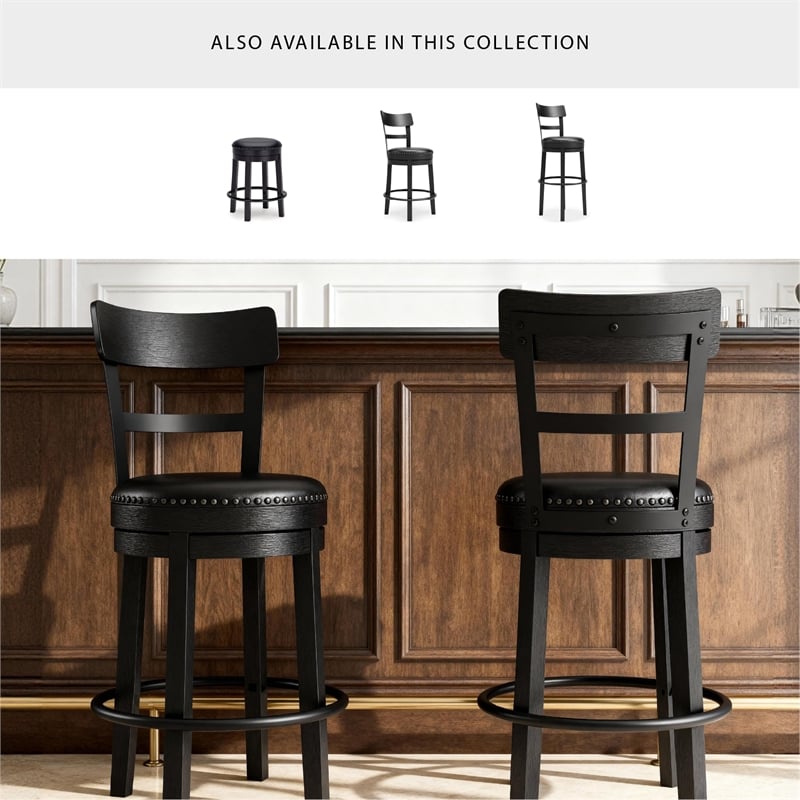 Pemberly Row Transitional Wood Black Upholstered Swivel Barstool