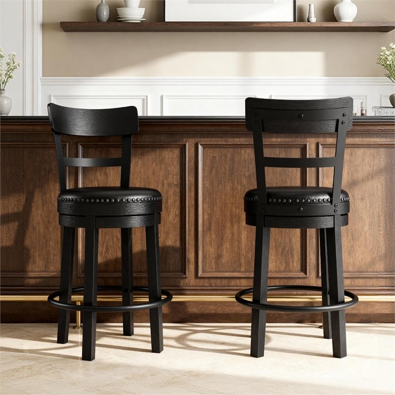 Pemberly Row Transitional Wood Black Upholstered Swivel Barstool