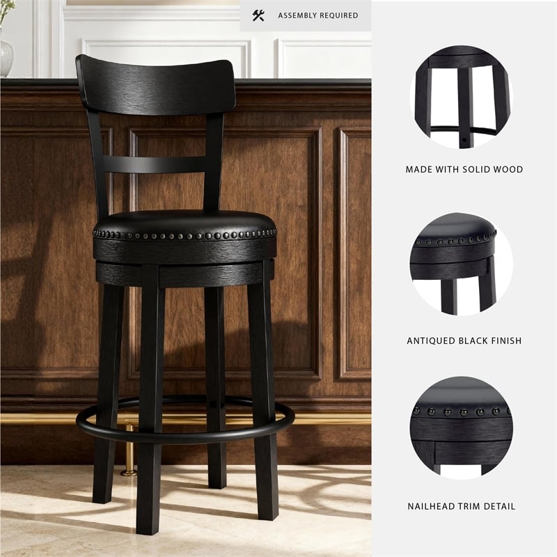 Pemberly Row Transitional Wood Black Upholstered Swivel Barstool