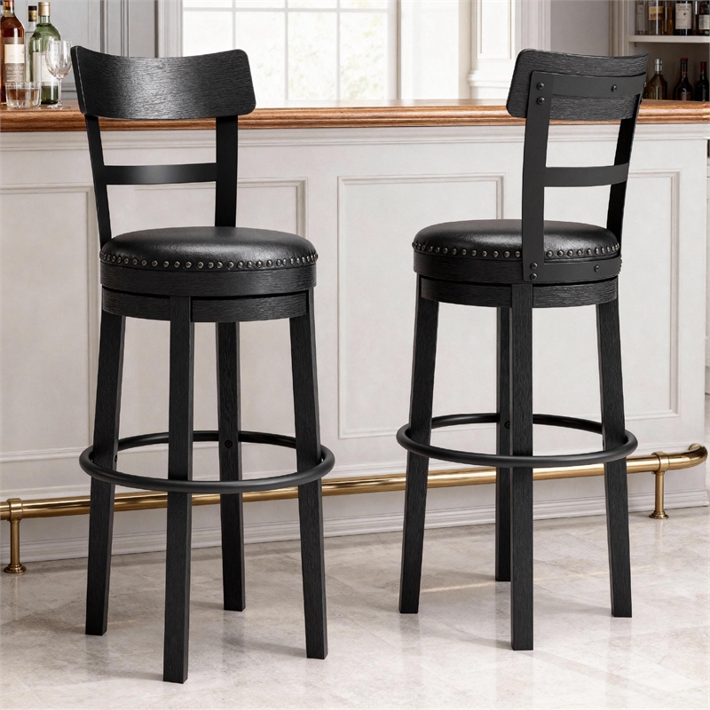Pemberly Row Transitional Wood Black Tall Upholstered Swivel Barstool