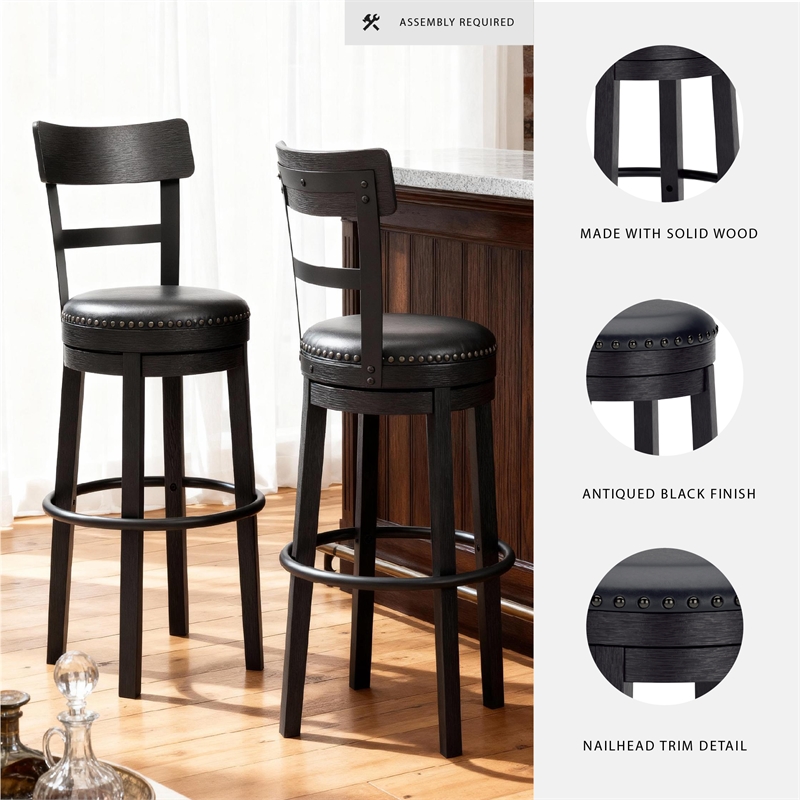 Pemberly Row Transitional Wood Black Tall Upholstered Swivel Barstool