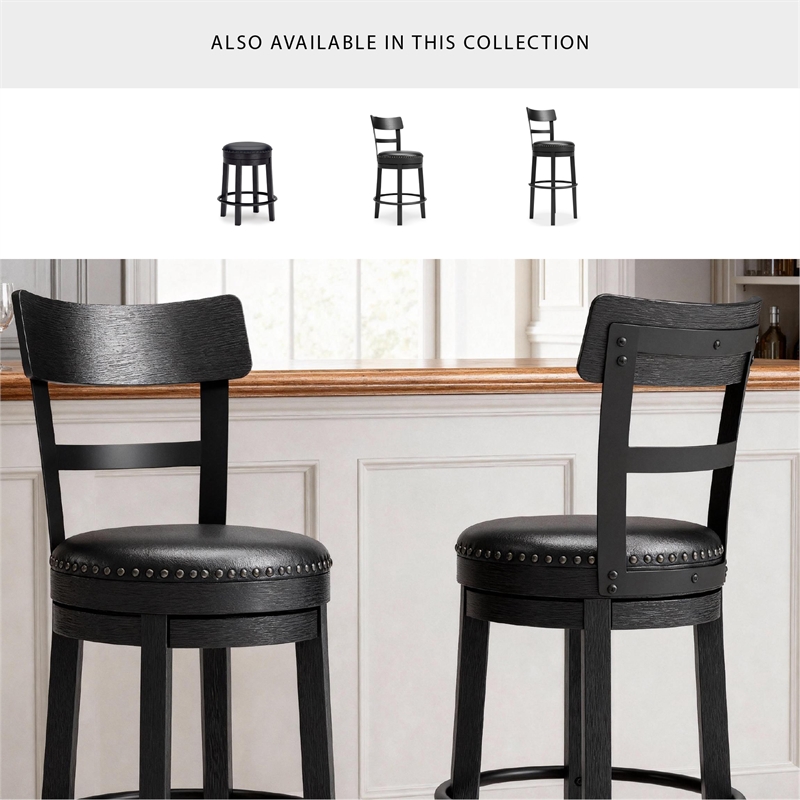 Pemberly Row Transitional Wood Black Tall Upholstered Swivel Barstool