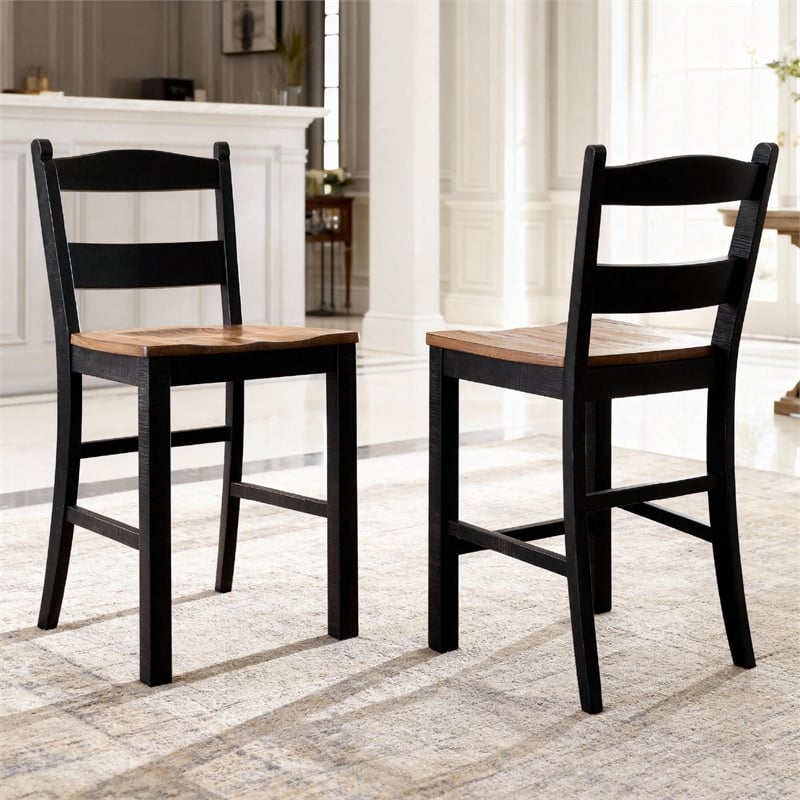 Pemberly Row Contemporary Wood Brown & Black Barstool - Set of 2