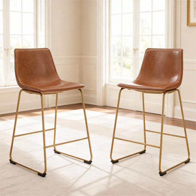 Pemberly Row Faux Leather Brown & Gold Upholstered Barstool - Set of 2