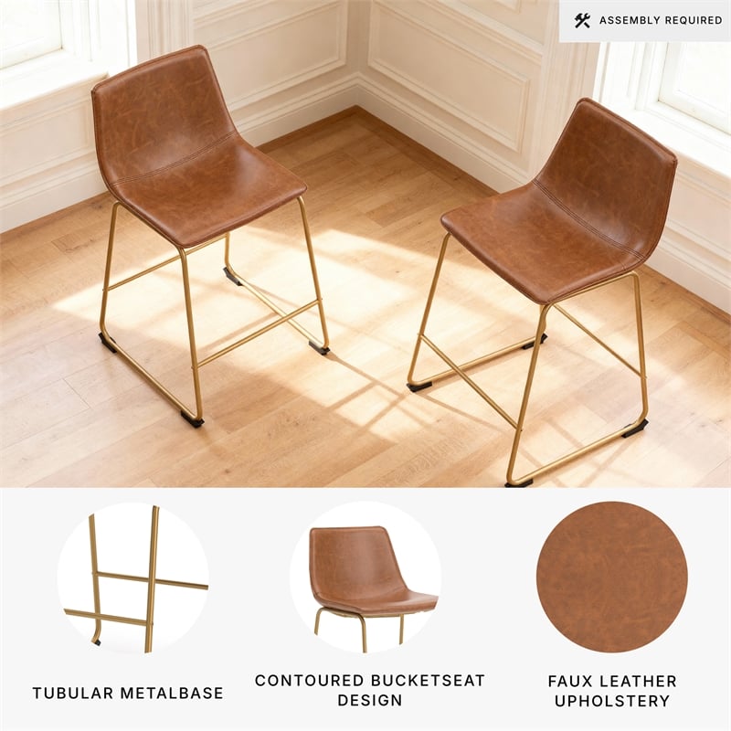 Pemberly Row Faux Leather Brown & Gold Upholstered Barstool - Set of 2