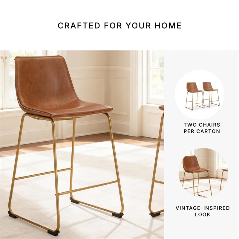 Pemberly Row Faux Leather Brown & Gold Upholstered Barstool - Set of 2