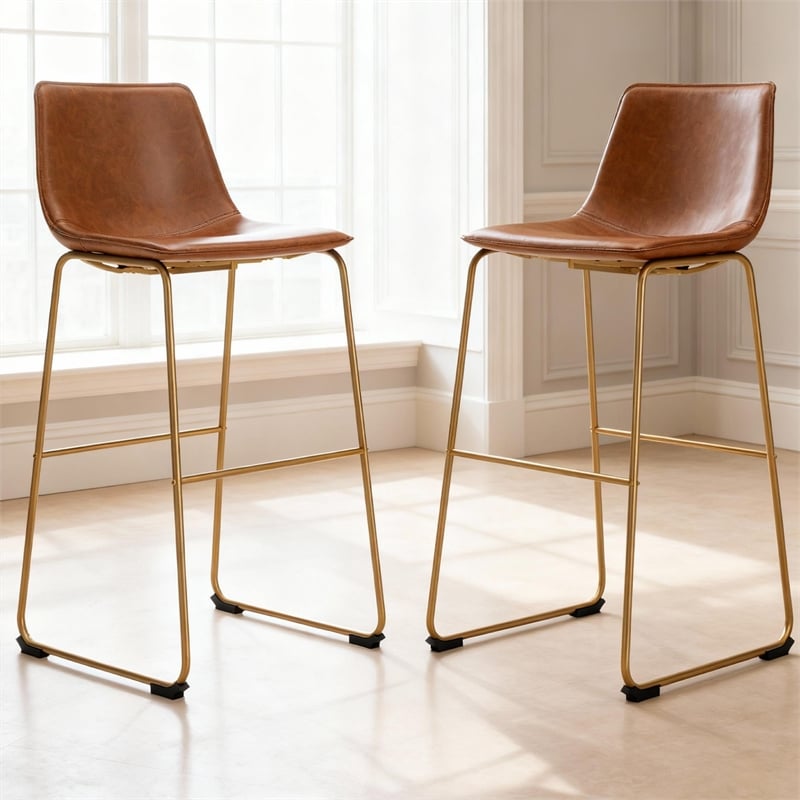 Pemberly Row Faux Leather Brown & Gold Upholstered Barstool - Set of 2