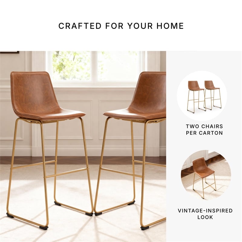 Pemberly Row Faux Leather Brown & Gold Upholstered Barstool - Set of 2