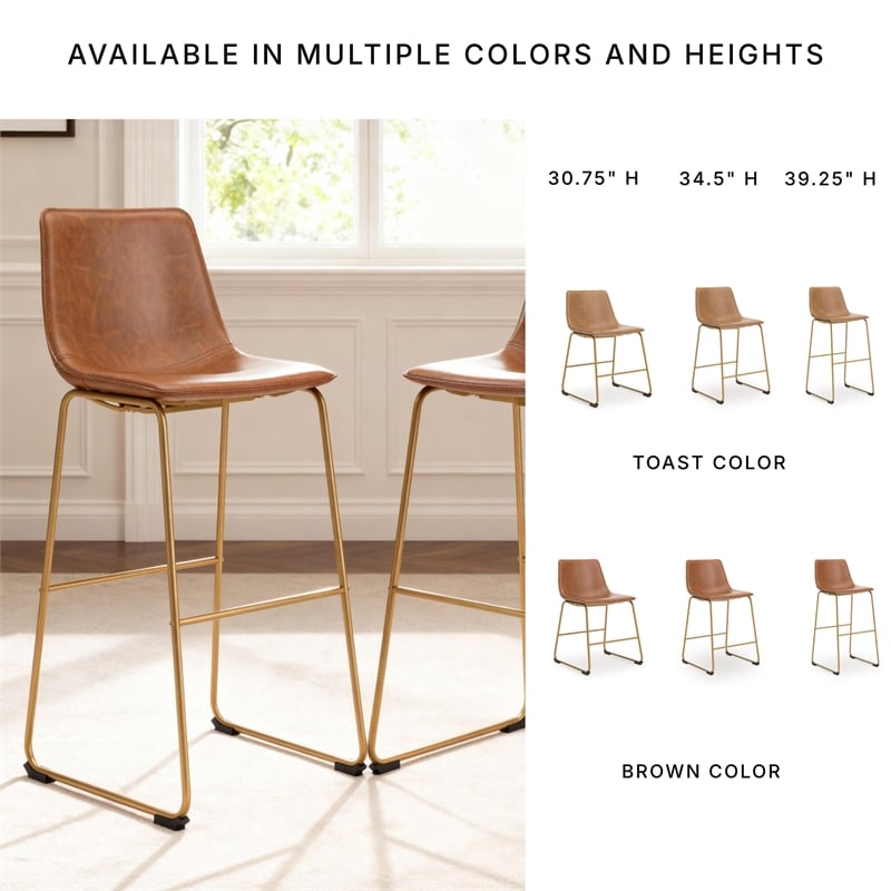 Pemberly Row Faux Leather Brown & Gold Upholstered Barstool - Set of 2