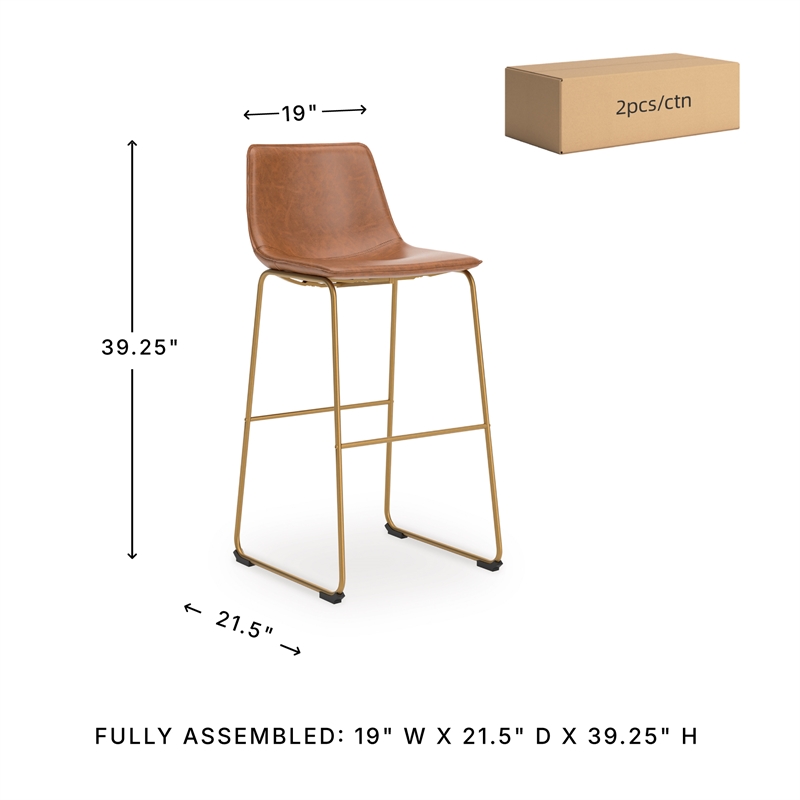 Pemberly Row Faux Leather Brown & Gold Upholstered Barstool - Set of 2