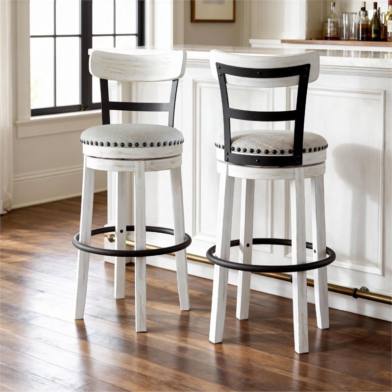 Pemberly Row Farmhouse Polyester Beige & White Tall Swivel Barstool