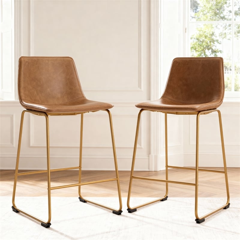 Pemberly Row Contemporary Faux Leather Brown & Gold Tall Barstool - Set of 2