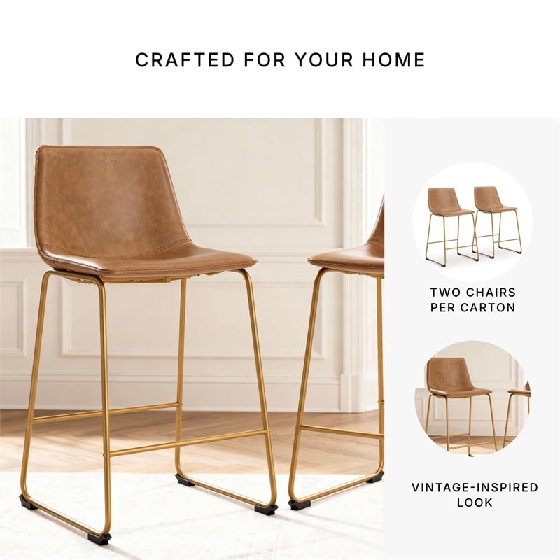 Pemberly Row Contemporary Faux Leather Brown & Gold Tall Barstool - Set of 2