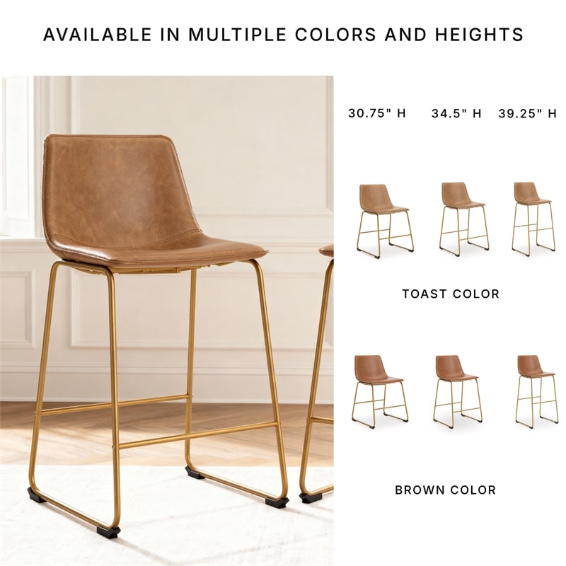 Pemberly Row Contemporary Faux Leather Brown & Gold Tall Barstool - Set of 2