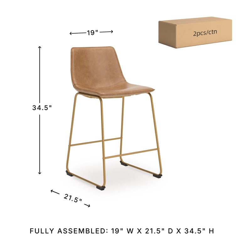 Pemberly Row Contemporary Faux Leather Brown & Gold Tall Barstool - Set of 2