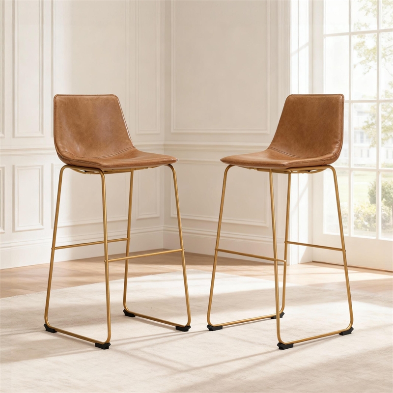 Pemberly Row Contemporary Faux Leather Brown & Gold Tall Barstool - Set of 2