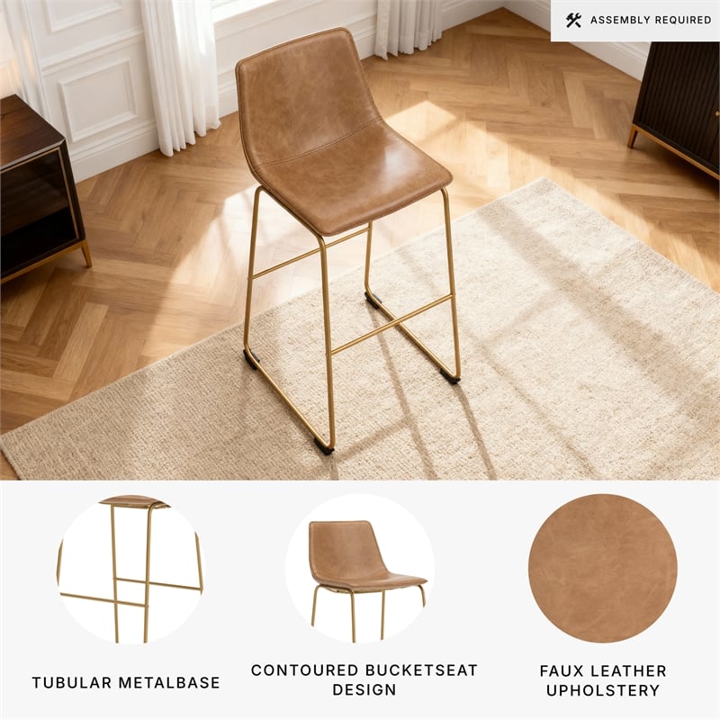 Pemberly Row Contemporary Faux Leather Brown & Gold Tall Barstool - Set of 2